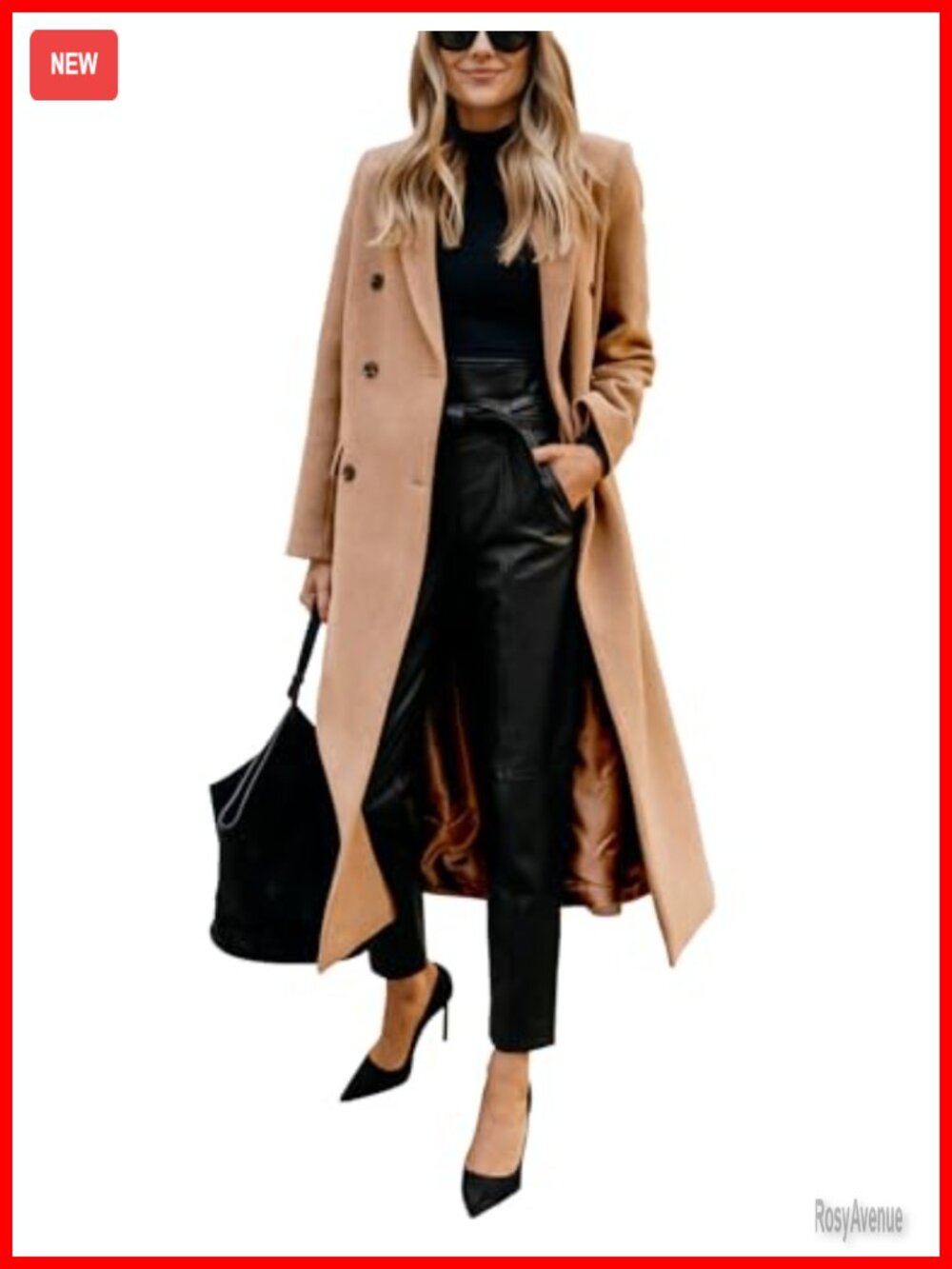 Womens Long Wool Blend Peacoat Notch Lapel Double Breasted Winter Coat